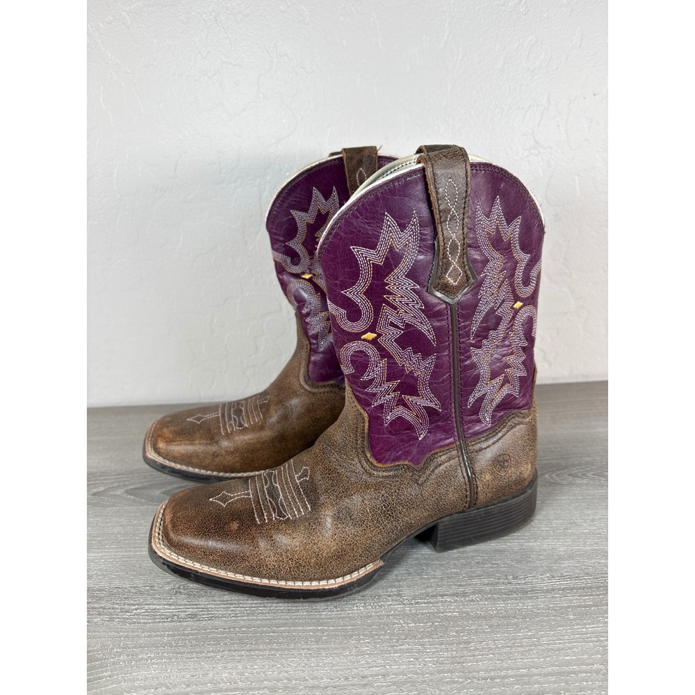 Ariat Tombstone Brown Purple 10015390 Square Toe Western Boots Youth Size 3